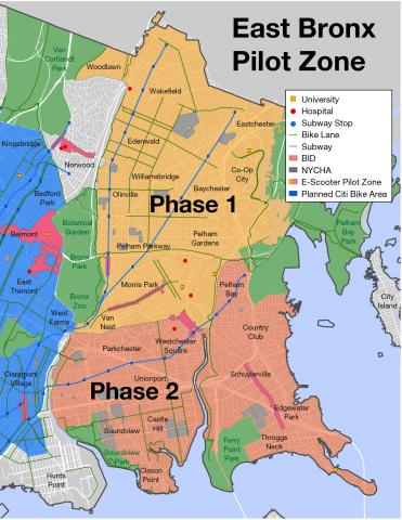 A map of the e-scooter share pilot. It covers Bronx Community Boards 9, 10, 11, & 12. 