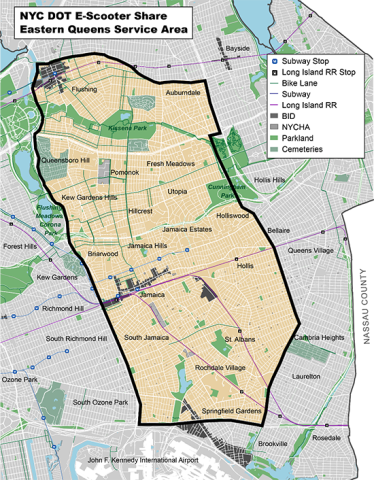 A map of the e-scooter service area in Eastern Queens