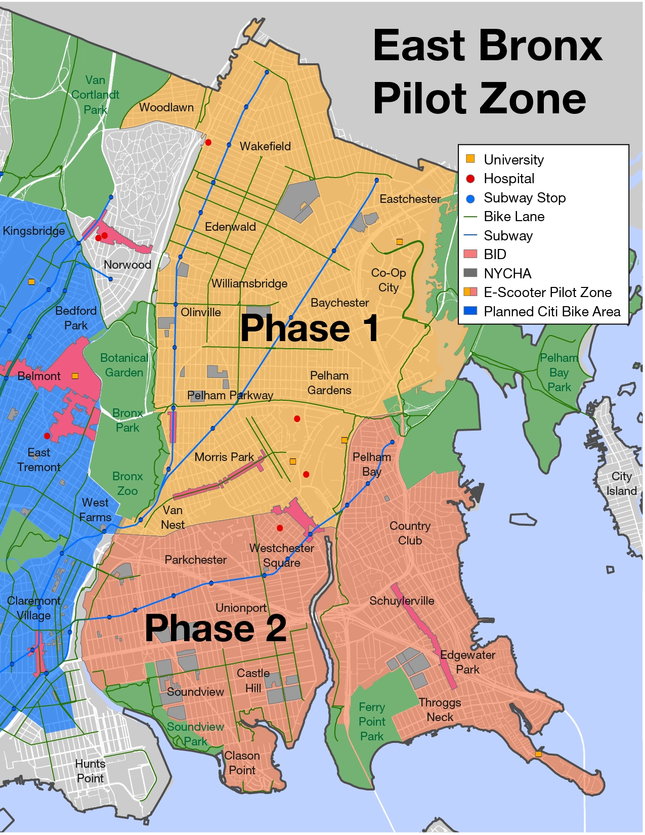 A map of the e-scooter pilot area, covering Bronx Community 9, 10, 11, and 12.