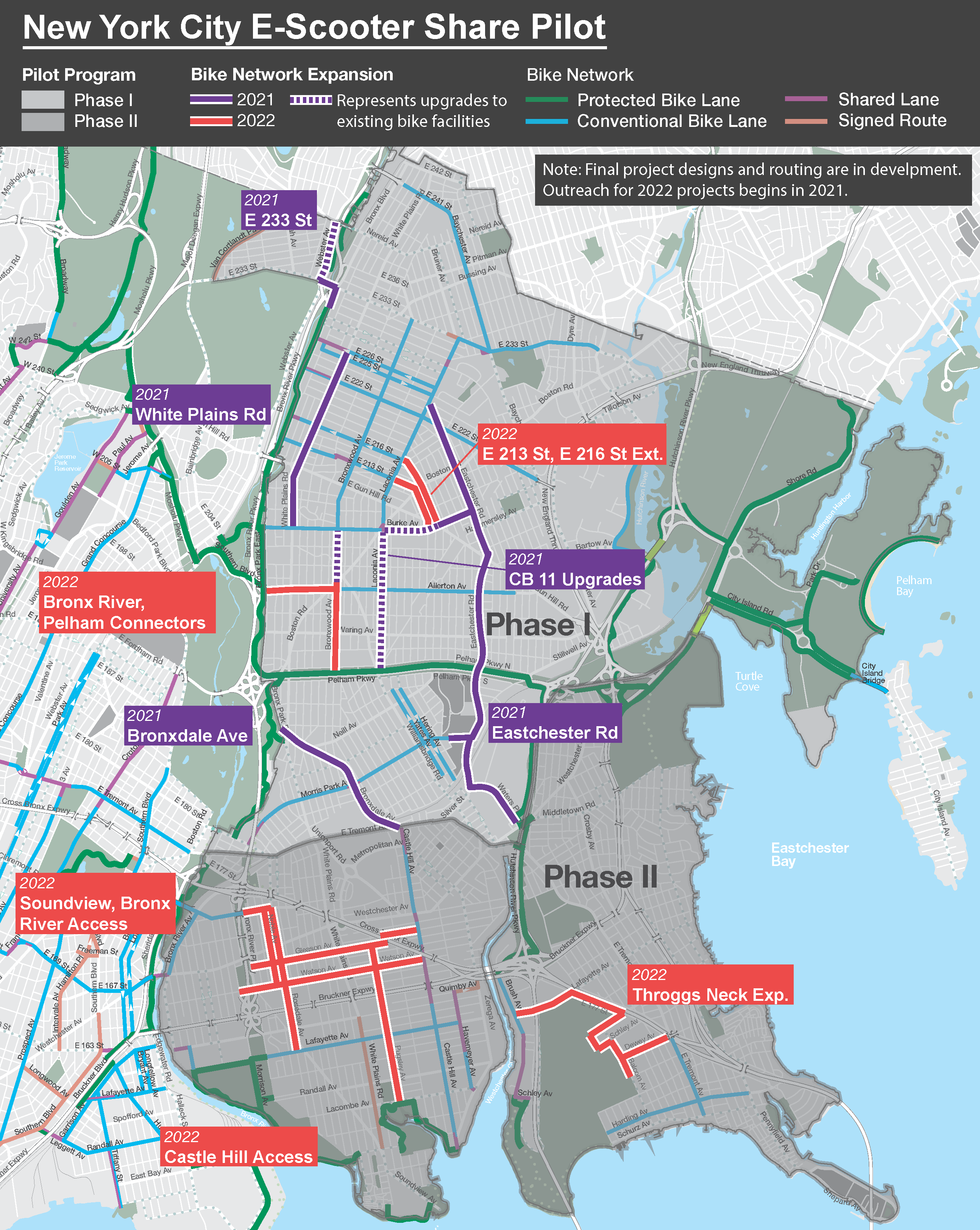 A map of the e-scooter pilot area, covering Bronx Community 9, 10, 11, and 12.