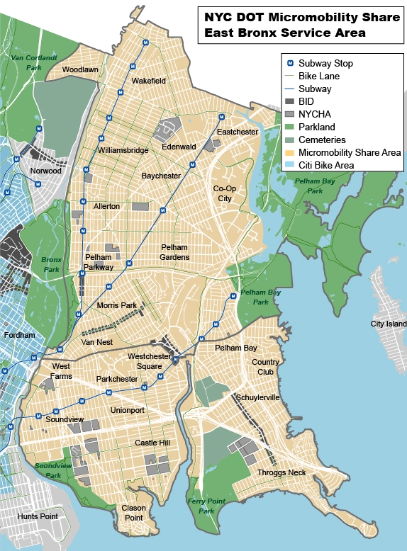 A map of the East Bronx e-scooter program area