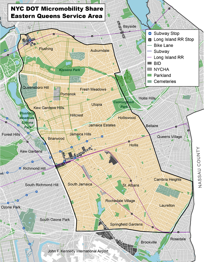 Map of proposed neighborhoods in Eastern Queens that may pilot e-scooter share program