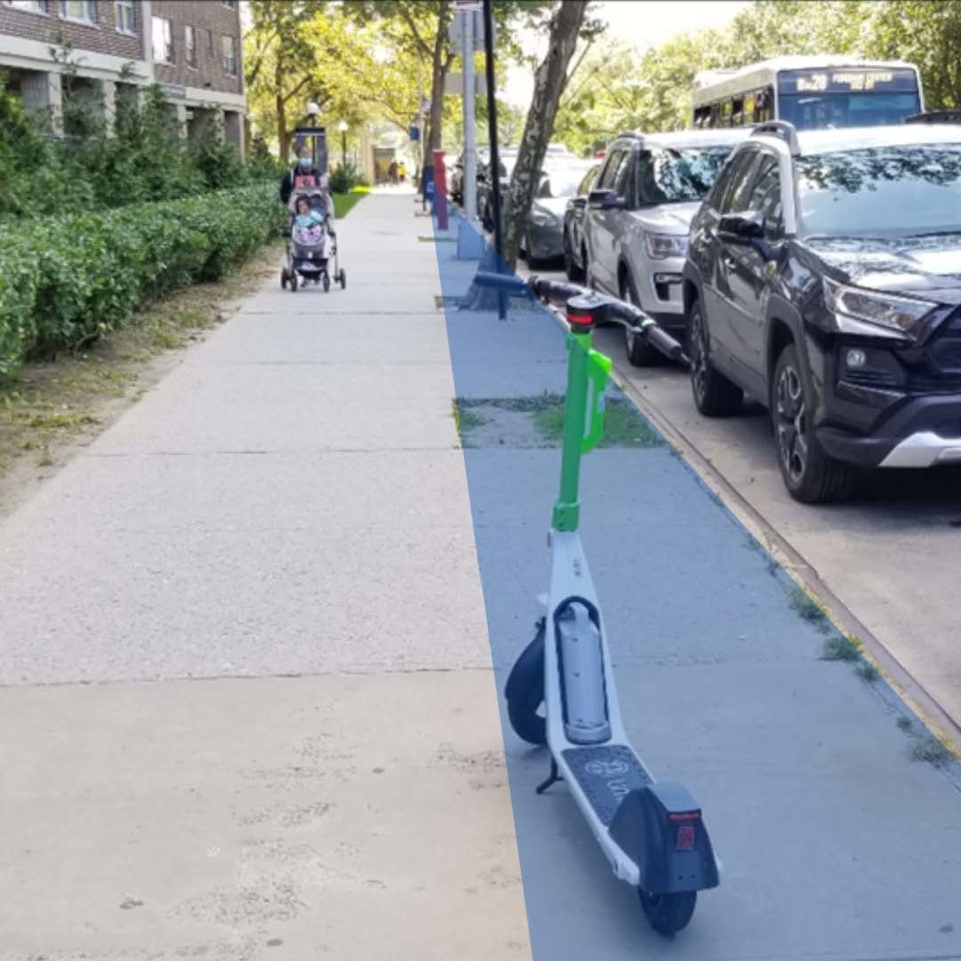 Image depicting the furniture zone of the sidewalk where e-scooters should be parked.