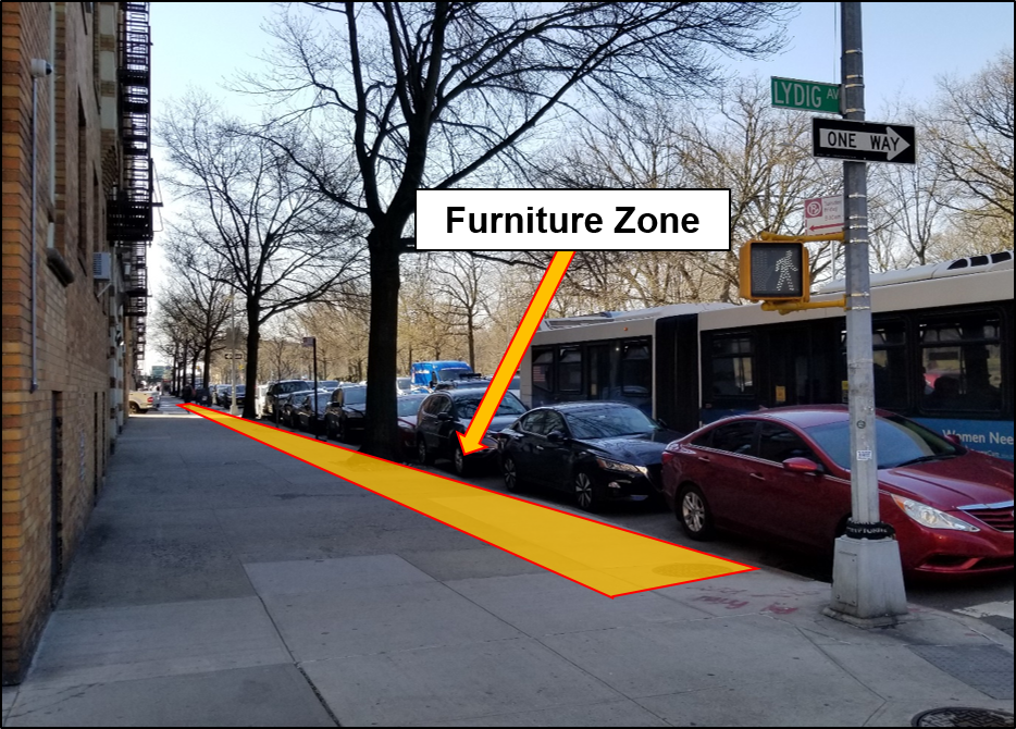 A photo highlighting the "furniture zone", which is the part of the sidewalk closest to the sidewalk 