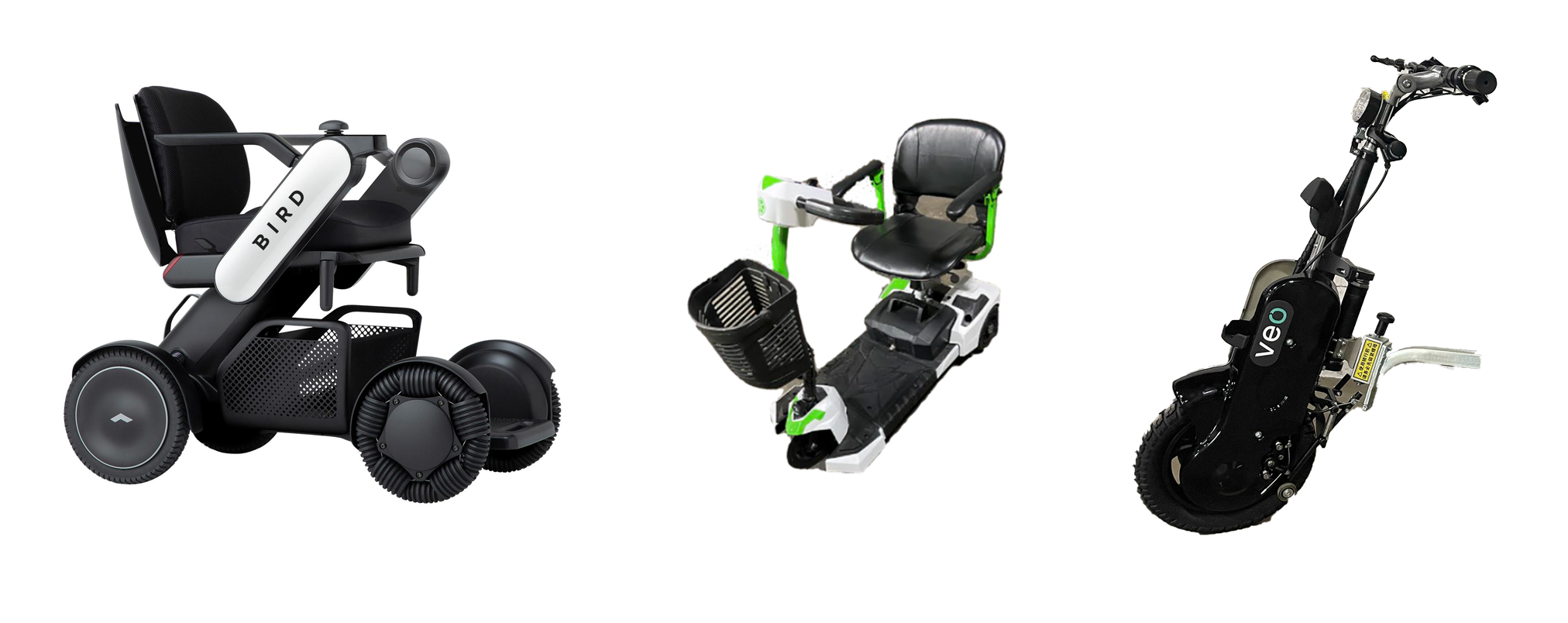 A photo of the options of adaptive or accessible vehicles and attachments offered by Bird, Lime, and Veo 