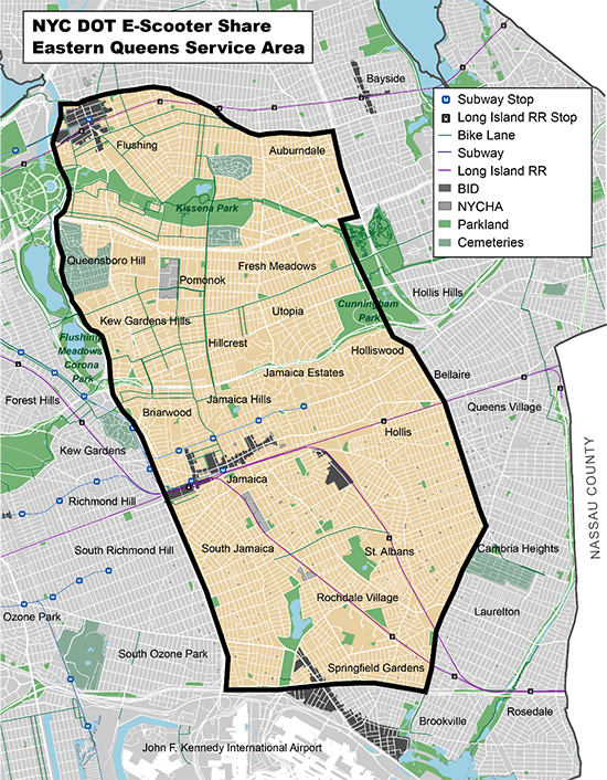 A map of the e-scooter program area in Eastern Queens