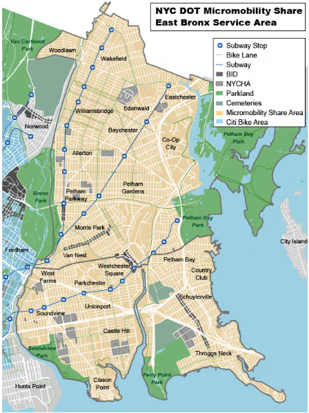 Map of NYC DOT Micromobility Share East Bronx Service Area